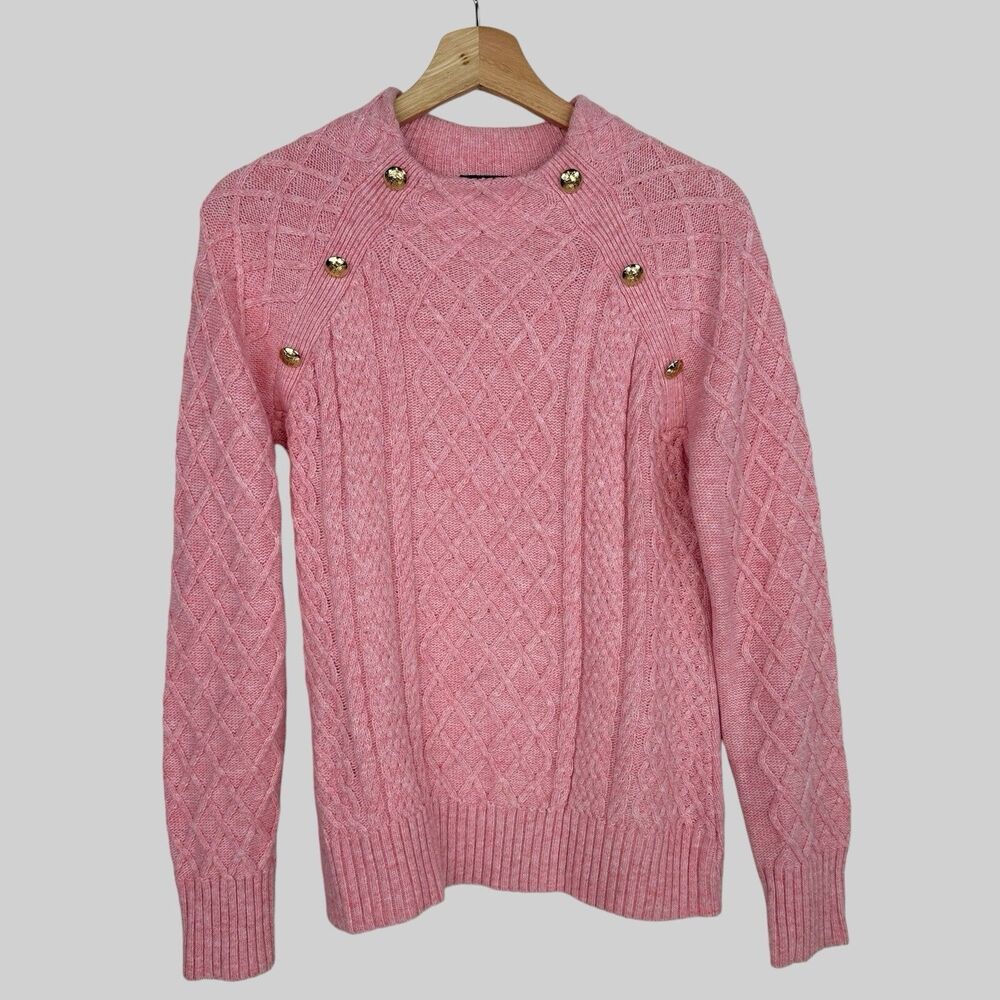 Talbots Cable Knit Fisherman Sweater S Pink  Gold Buttons Women’s Classic Casual